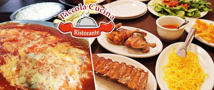 Rodízio de galeto com acompanhamentos em oferta no Piccola Cucina. Imagem Parmegiana e galeto.