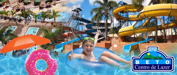 Ingresso para o Sítio do Beto em promoção. Imagem menino flutuando na bóia, tobogãs e piscinas.
