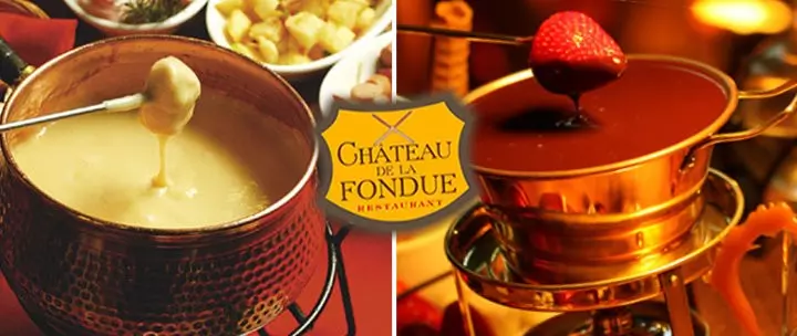 Fondue com Desconto no Chateau de La Fondue em Gramado: Imagem de Fondue de Queijo e de Chocolate.