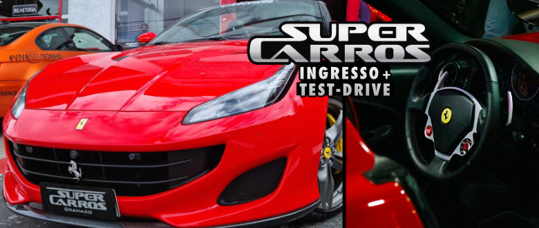 Ingresso ao salão Super Carros mais test drive em oferta. Imagem de um casal dentro do carro.