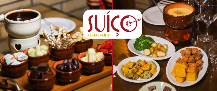 foto do fondue de chocolate com fruta sendo mergulhada e do fondue de queijo com os acompanhamentos.