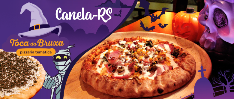 Imagens das Pizzas com elementos gráficos de Halloween