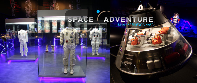 Uniformes de astronauta da NASA e simulação de viagem para a Lua