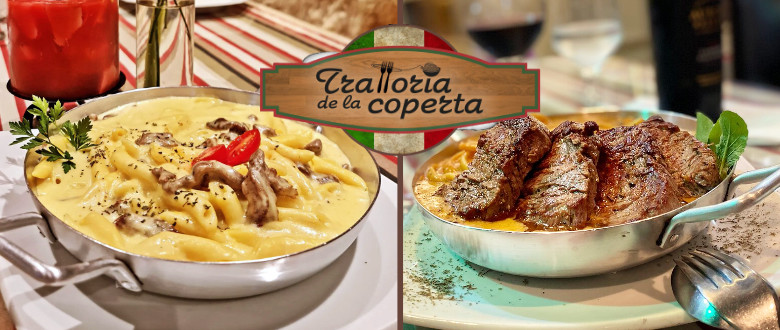 Oferta de massas no Trattoria de la Coperta. Imagem de um prato de massa com dois pedaços de carne.