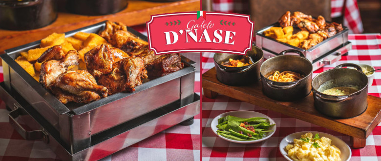 Desconto para rodízio de galeto no Galeto D'Nase. Imagem de sopa de capeletti, frangos e polentas.