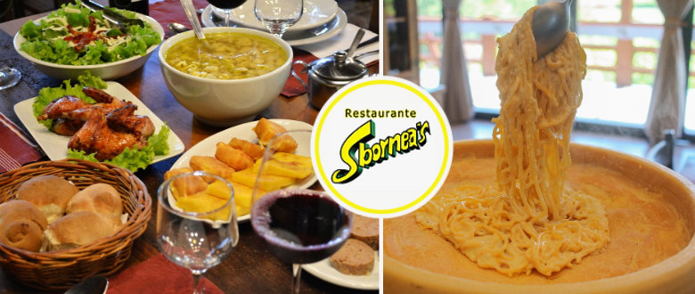 Rodízio de comida italiana em oferta no Sbornea's. Imagem da massa no garfo e mesa com complementos.