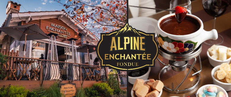 Sequência de fondue em oferta no Maison Enchantée. Imagem da sequência de fondue e fachada do local.