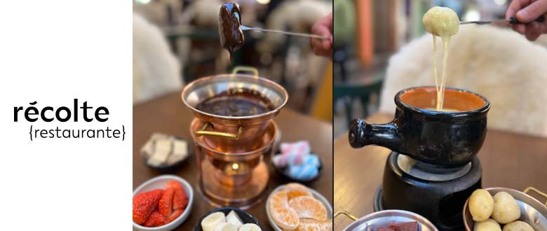 Imagem dos fondues de chocolate e queijo do restaurante Rècolte.