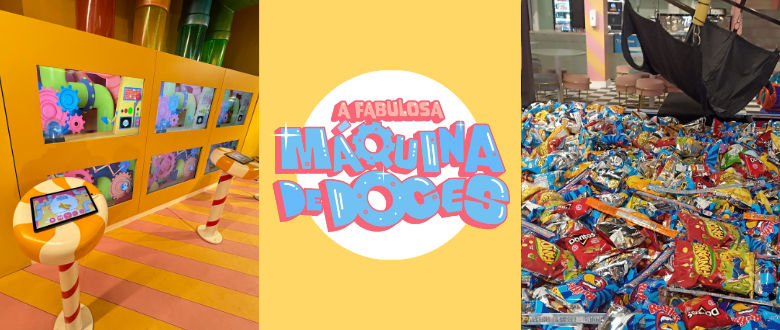 Imagens do interior do parque A Fabulosa Máquina de Doces e Descida na Garra Humana.