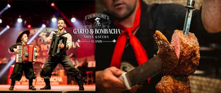 Refeição com churrasco e complementos em oferta no Garfo e Bombacha. Imagem das carnes no espeto.