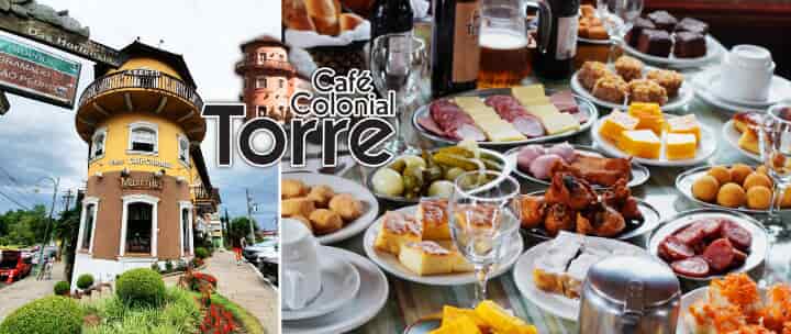 Torre Café Colonial Livre com Desconto em Gramado: Imagem da Fachada e de uma Mesa de Café Colonial.