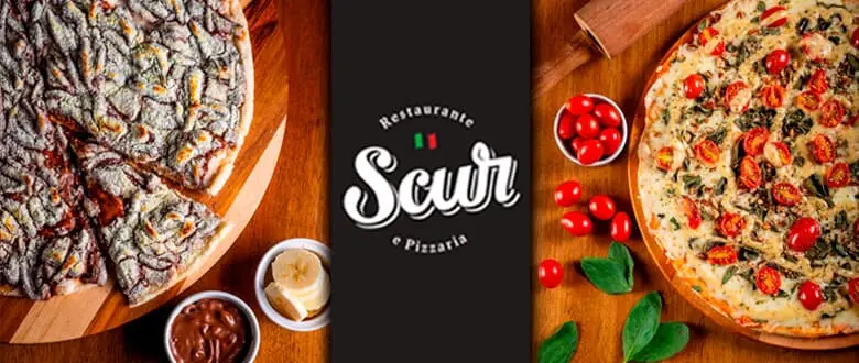 Rodízio de pizzas na pizzaria Scur em promoção. Imagem pizza de sorvete com cone e pizza de queijo.