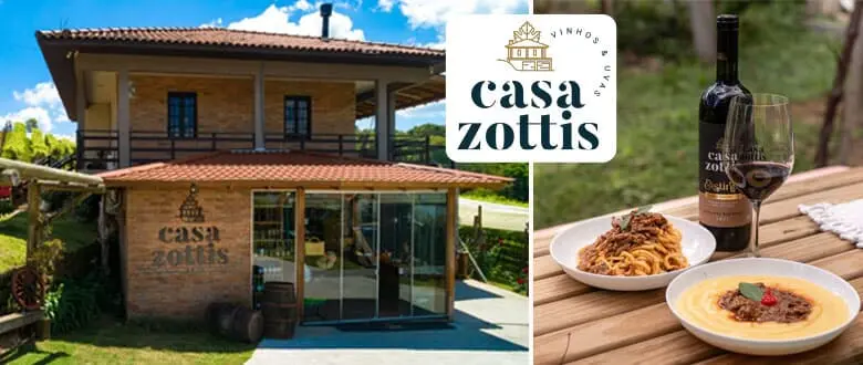 Imagem do almoço e da fachada da vinícola Casa Zottis, em Bento Gonçalves. Cupom de Desconto.