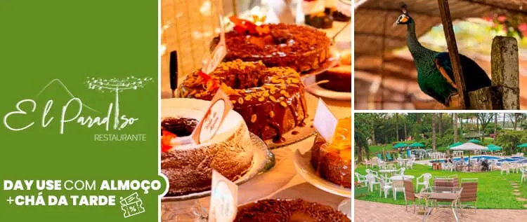 Imagens do buffet e da piscina no Restaurante El Paradiso, em Morro Reuter.