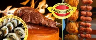 Imagens das carnes e do sushi da Churrascaria Passoquinha, em Canoas.