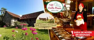 Roteiro Raízes Coloniais em Gramado: Imagem da Casa Centenária e do Café Colonial.