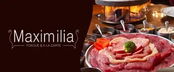 Centro de Gramado. Sequência de Fondue no Maximilia: Imagem do Fondue de Queijo com Acompanhamentos.