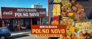 Imagens da fachada do Restaurante Pouso Novo Tramandaí e buffet de saladas.