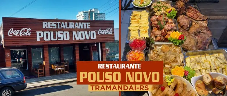 Imagens da fachada do Restaurante Pouso Novo Tramandaí e buffet de saladas.