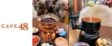 Imagem dos fondues de chocolate e queijo do restaurante Cave 48