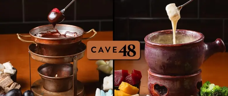 Imagem dos fondues de chocolate e queijo do restaurante Cave 48
