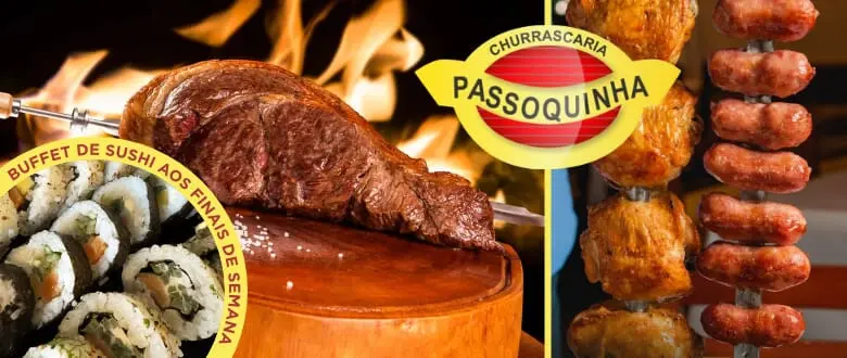 Imagens das carnes e do sushi da Churrascaria Passoquinha, em Canoas.