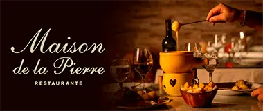 Sequência de fondue com picanha e filé mignon com desconto. Imagem da fachada do Maison de La Pierre