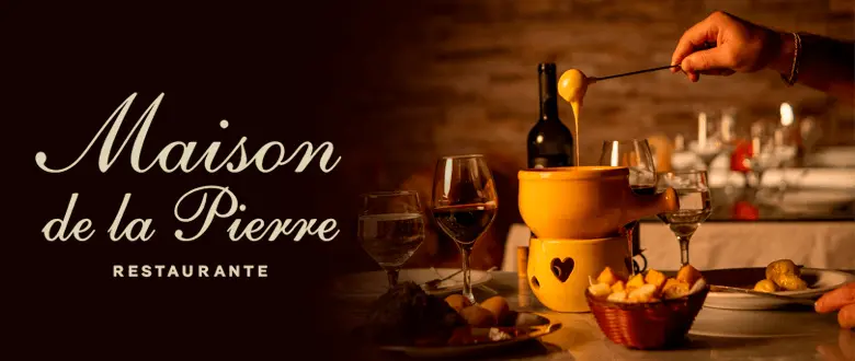 Sequência de fondue com picanha e filé mignon com desconto. Imagem da fachada do Maison de La Pierre