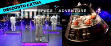Uniformes de astronauta da NASA e simulação de viagem para a Lua