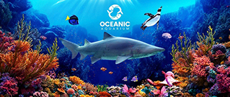 Oceanic Aquarium com desconto nos ingressos. Imagem fachada do Oceanic e peixes nadando.